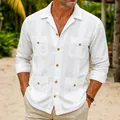 Detail of men's white cotton linen long sleeve Guayabera shirt with four pockets. - S / Tops / White