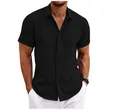 Primo piano di una camicia nera a maniche corte in cotone e lino da uomo. - Taglia S / Top / Nero