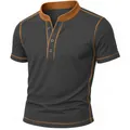 Detailed view of men's short sleeve Henley t-shirt with contrast tan stitching - S / Tops / Gray