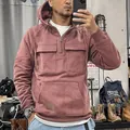 Men's mauve quarter-zip hoodie with multiple cargo pockets and industrial style details - S / Tops / Rose Red