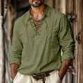 Primer plano de la camisa de lino verde militar con cordones y cuello en V - S / Tops / Verde Militar