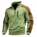Detail view of green and brown contrast suede sweatshirt with half-zip stand collar and pocket - S / Tops / Light Green