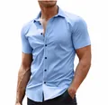 Premium light blue short sleeved slim fit men's button down shirt summer fashion - Light Blue