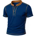 Close-up detail of men's navy blue short sleeve Henley shirt with contrast brown stitching - S / Tops / Blue