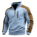 Casual men's quarter-zip sweatshirt with suede contrast patches and chest pocket - S / Tops / Light Blue