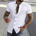 Camisa blanca de manga corta para hombre corte entallado con botones negros para verano - S / Tops / Blanco
