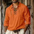 Vista detallada de camisa informal de lino naranja para hombre con diseño de cuello en V - S / Tops / Naranja