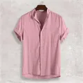 Dettaglio frontale camicia da uomo rosa in misto lino e cotone a maniche corte con tasca - Taglia S / Top / Rosa