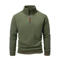 Close-up detail of men's olive green tactical fleece pullover with red accent stitching - Army Green