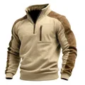 Detailed view of men's quarter-zip sweatshirt with stylish brown suede contrast panels - S / Tops / Khaki