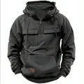 Detailweergave van de zwarte herenhoodie met meerdere zakken en een halve ritssluiting - S / Tops / Grijs