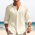 Close-up of cream textured fabric on men's long-sleeve casual beach shirt - S / Tops / Khaki