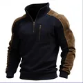 Detail view of men's quarter-zip sweatshirt with suede contrast panels and chest pocket - S / Tops / Black