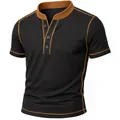 Detail of black men's short-sleeved Henley shirt featuring brown contrast stitching and collar - S / Tops / Black