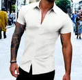 Close-up of a men's slim-fit white short-sleeve button-down shirt for summer - S / Tops / White
