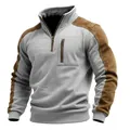 Men's grey quarter-zip sweatshirt featuring brown suede shoulder and sleeve panels - Light Gray