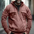 Detailed view of a men's dusty rose hooded sweatshirt featuring half-zip and utility pockets - S / Tops / Rose Red