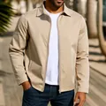 Close-up of a men's khaki windproof jacket featuring a full-length zipper and collar. - S / Tops / Khaki