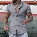 Primo piano di una camicia casual da uomo grigia a maniche corte con chiusura a bottoni - Grigio