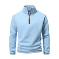 Detailed shot of the quarter-zip and collar on this light blue polar fleece pullover - S / Tops / Light Blue