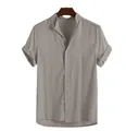 Camicia casual a maniche corte da uomo in lino e cotone, colore grigio tortora tinta unita - Grigio Cachi
