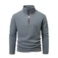 Men's grey quarter-zip polar fleece pullover with tactical style and red stitching details - S / Tops / Gray