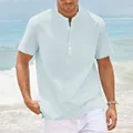 Camisa de hombre azul claro en algodón y lino con cuello mao y bolsillo en la playa. - S / Tops / Azul claro