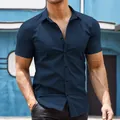 Classic navy blue short-sleeved button-down shirt for men, slim fit casual style - S / Tops / Navy Blue