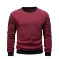Detailed view of maroon men's fleece crewneck sweatshirt with black ribbed trim. - S / Tops / Burgundy