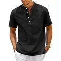 Detalle de camisa henley negra de lino y algodón con cuello mao y bolsillo en el pecho - S / Tops / Negro