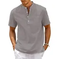 Detalle de camisa gris de algodón y lino con cuello mao y bolsillo en el pecho - S / Tops / Gris