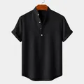 Men's black linen short sleeve casual shirt with standing collar and half-button placket design - S / Tops / Black
