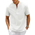 Primer plano de camisa para hombre en lino de algodón blanco con cuello mao y bolsillo - S / Tops / Blanco