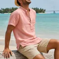Men's vintage short sleeve linen beach shirt in salmon pink with henley collar - S / Tops / Pink