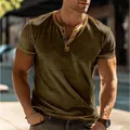 Detailed shot of men's olive green Henley T-shirt with contrasting yellow stitching. - S / Tops / Dark Brown