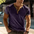 Close-up detail of a men's short sleeve purple Henley T-shirt with yellow contrast trim - S / Tops / Deep purple