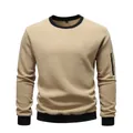 Detailed view of khaki fleece crewneck sweatshirt with black ribbed trim and sleeve zip - S / Tops / Khaki