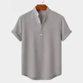 Men's casual gray cotton linen short sleeve shirt with stand collar and henley neck - S / Tops / Gray