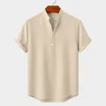 Men's casual beige short sleeve cotton linen shirt with mandarin collar henley style - S / Tops / Khaki