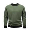 Detailed view of olive green fleece sweatshirt with black ribbed collar and sleeve zipper - Army Green