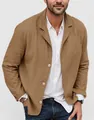 Detail view of men's khaki cotton linen casual blazer showing fabric texture and buttons - S / Tops / Tan