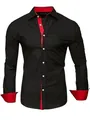 Dettaglio di camicia nera a maniche lunghe da uomo con colletto e polsini rossi - Taglia S / Top / Nero rosso