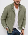 Detail view of men's olive green linen blazer with casual button-down shirt - S / Tops / Army Green
