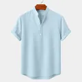 Light blue men's breathable cotton linen short sleeve shirt featuring a stand collar - S / Tops / Sky Blue