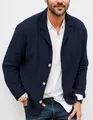 Close-up detail of navy blue cotton linen casual blazer with single-breasted lapel design - S / Tops / Navy Blue