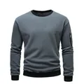 Professional close-up of grey men's fleece crewneck sweatshirt with sleeve zipper detail - S / Tops / Dark Gray