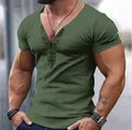 Men's army green slim fit V-neck fitness T-shirt with unique lace-up detail for sports - S / Tops / Olive Green