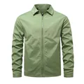 Front view detail of a light olive green men's windproof zipper jacket with classic collar - S / Tops / Green