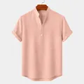 Men's casual pink cotton linen short sleeve shirt with stand collar and half placket - Pink