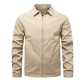 Detailed front view of a beige men's windbreaker jacket featuring a full zipper and collar. - S / Tops / Khaki